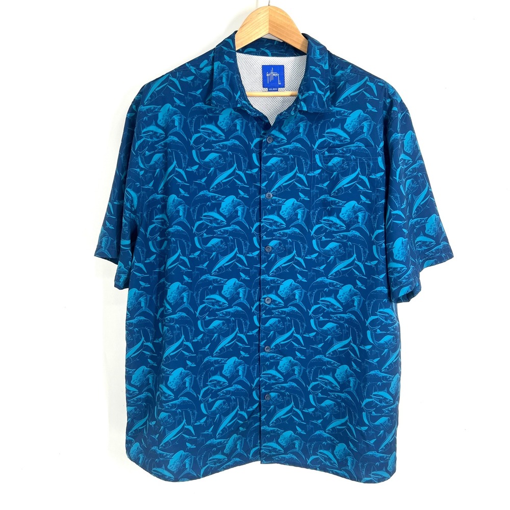 Guy Harvey Mens XXL Blue Fish Print Short Sleeve Button Down Fishing Shirt Mesh
